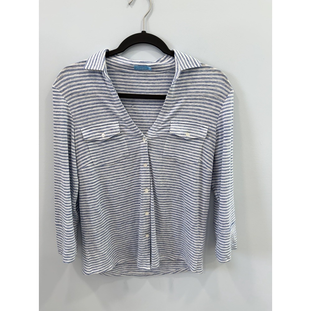J McLaughlin Blue White Striped Linen Stretch XS Coastal Casual Top Preppy